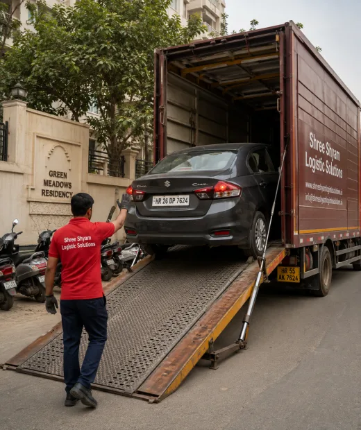 Trained crew loading a car up a hydraulic ramp into an enclosed carrier in Gurgaon
