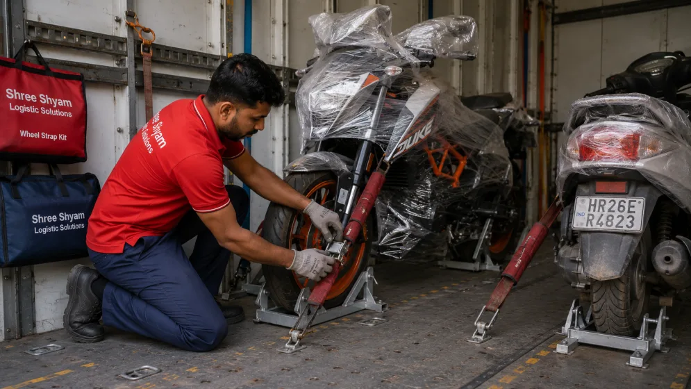 Motorcycle wrapped and secured upright on a rack inside a closed bike transport carrier