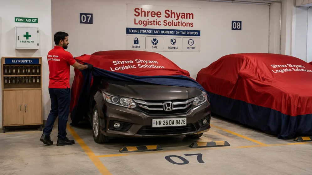 Cars parked in marked bays inside a covered and gated vehicle warehousing facility