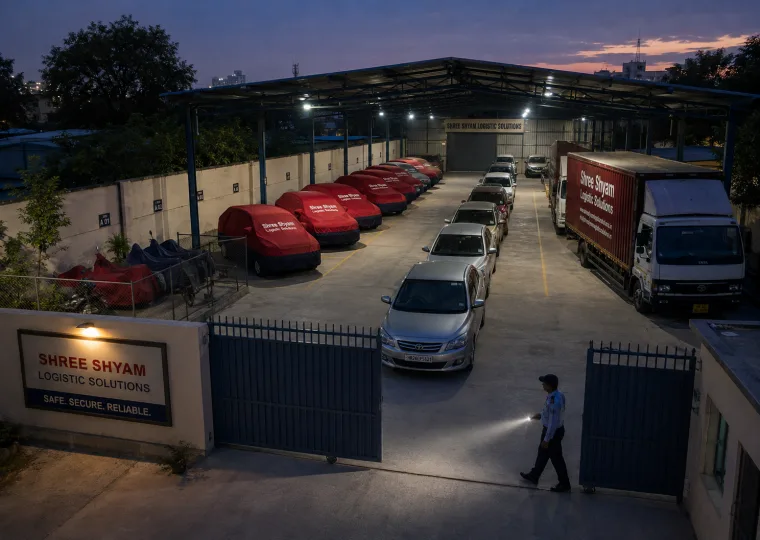 Cars parked in marked bays inside a covered vehicle warehousing facility in Gurgaon