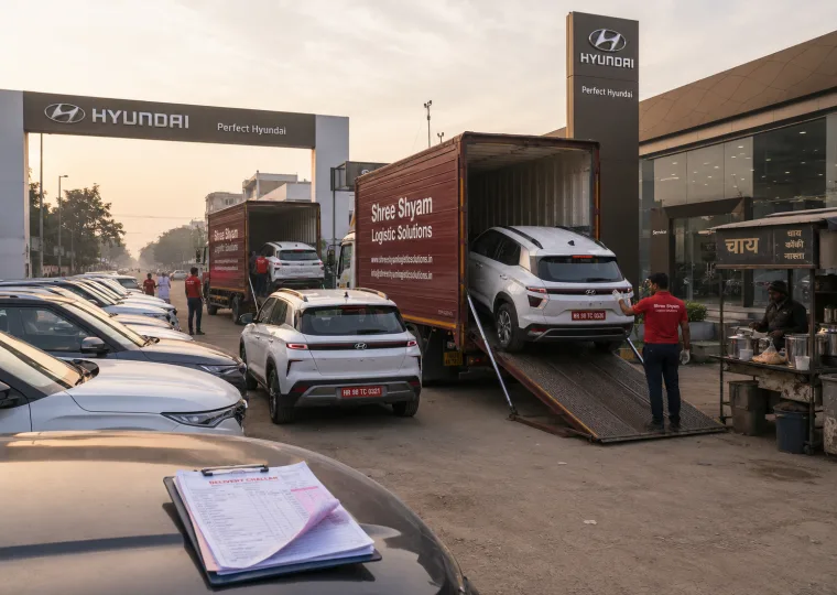Dealer stock cars being loaded unit by unit into a multi-car enclosed carrier