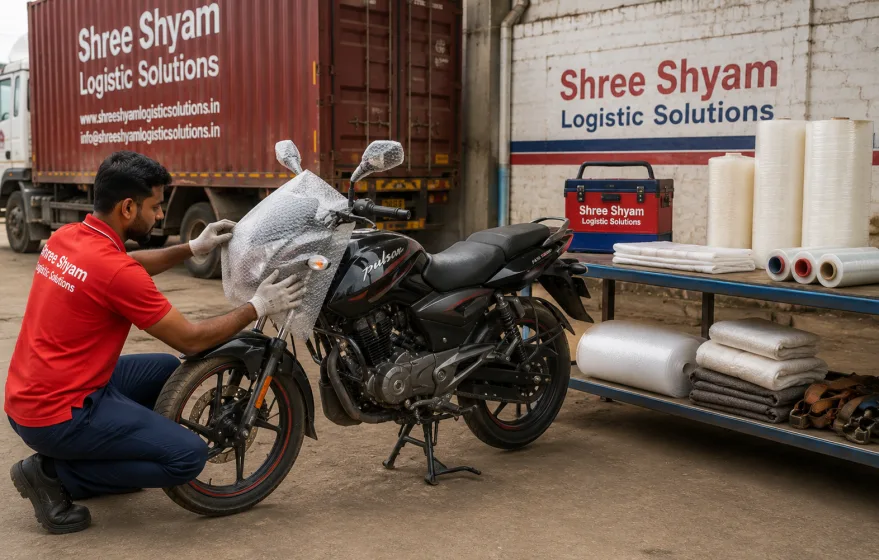 Crew wrapping a motorcycle with protective bubble film before bike transportation from Gurgaon