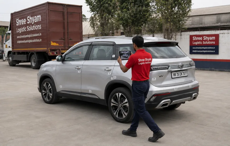 Vehicle transit insurance condition report being completed before transport in Gurgaon