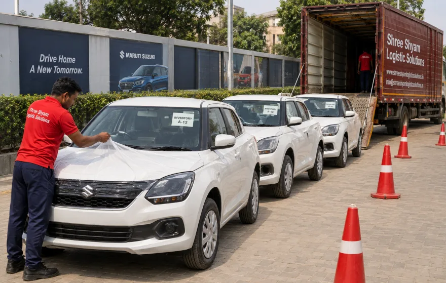 Multiple dealer vehicles being loaded onto an enclosed carrier for corporate car dealer transportation from Gurgaon