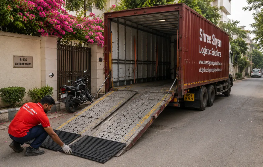 Hydraulic loading ramp extended at low angle for car loading service in Gurgaon